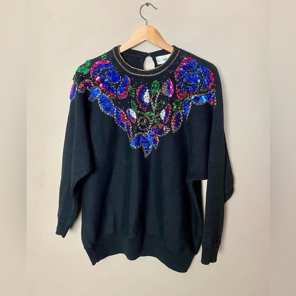 VICKI INTERNATIONAL sequin bedazzled vintage sweater glam granny party MINT sz M - Picture 2 of 13